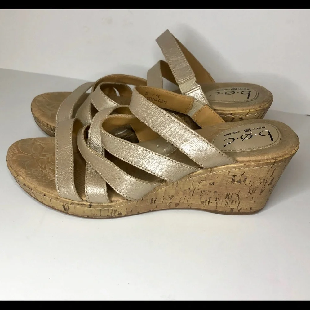 boc Metallic‎ Rose Gold Leather Strappy Cork Open Toe Slide Wedge Sandal 10